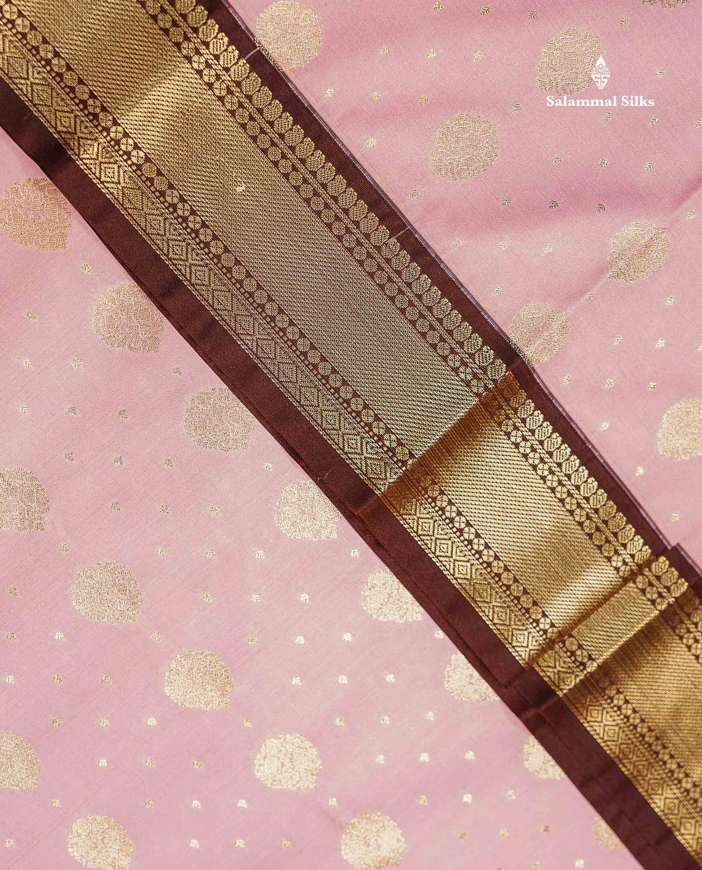 Semi Silk Saree - Baby Pink Zari Buttas With Contrast Dark Brown Traditional Evening Morning Border