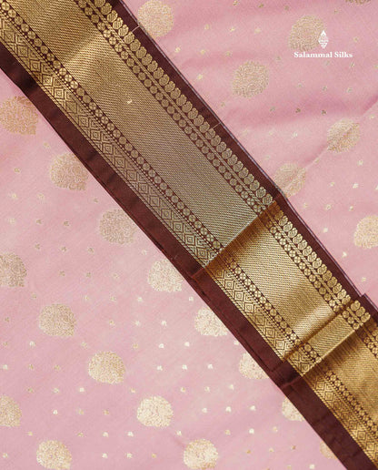 Semi Silk Saree - Baby Pink Zari Buttas With Contrast Dark Brown Traditional Evening Morning Border