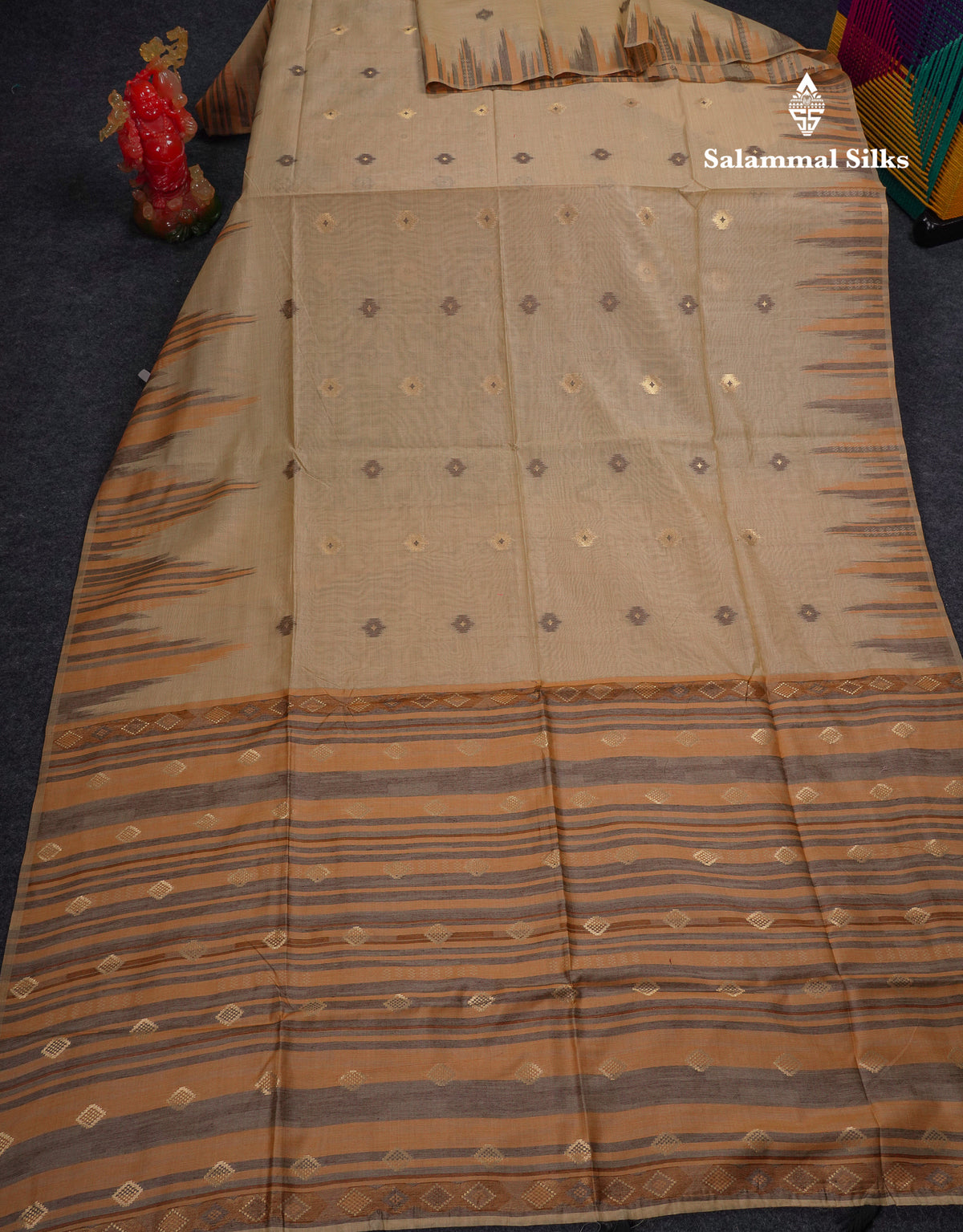 Beautiful Cream Sandal Muga Cotton Saree With Contrast Mustard Yellow Traditional Temple Border