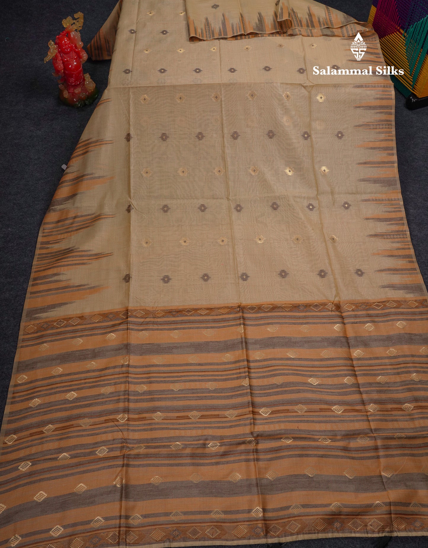 Beautiful Cream Sandal Muga Cotton Saree With Contrast Mustard Yellow Traditional Temple Border