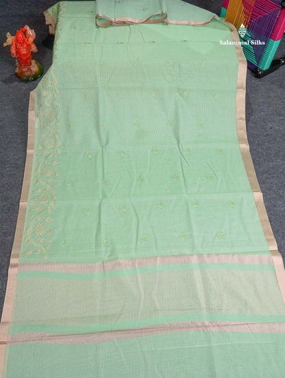 Kota Cotton Fancy Saree - Light Green Colour Body With Embroidery Border