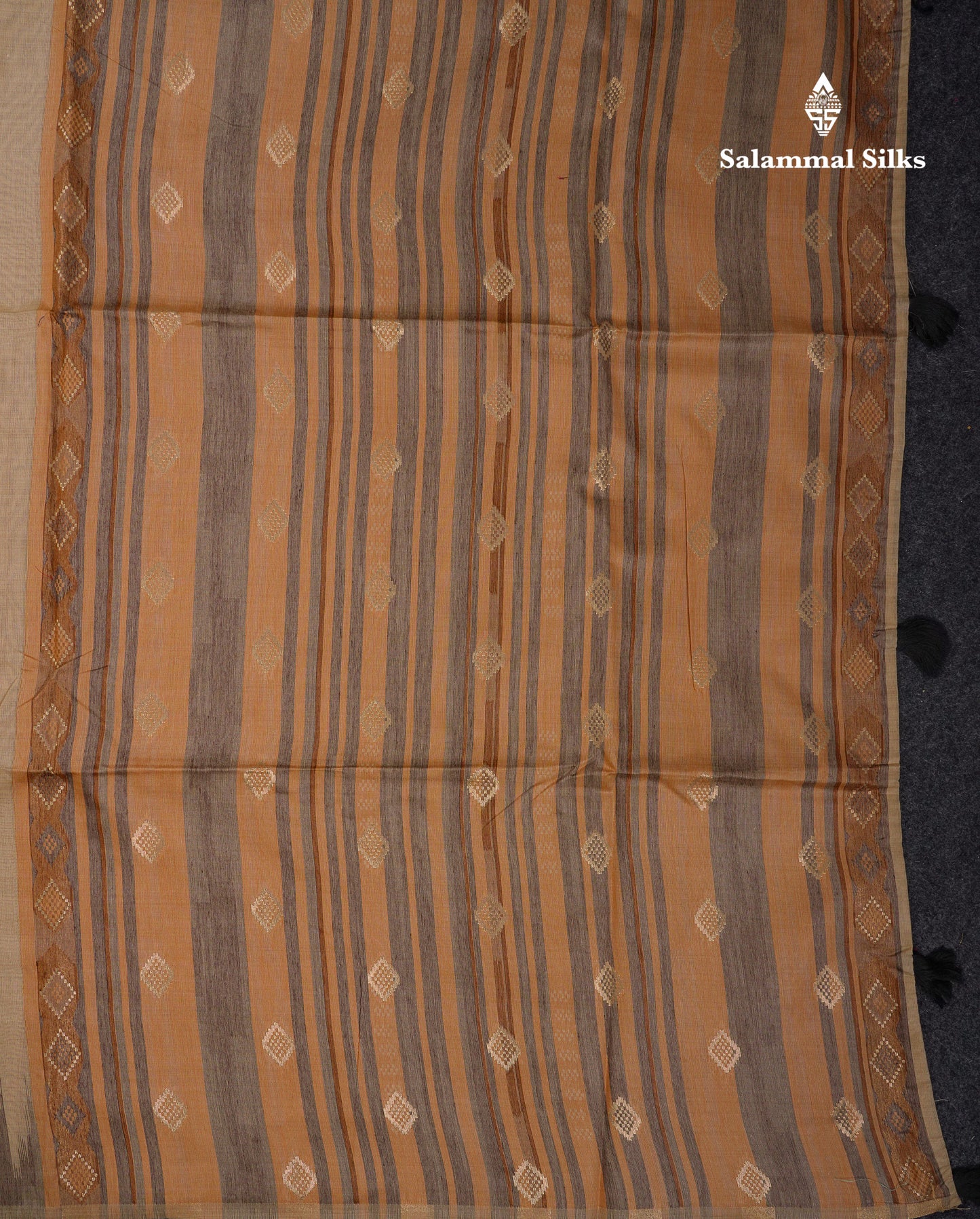 Beautiful Cream Sandal Muga Cotton Saree With Contrast Mustard Yellow Traditional Temple Border