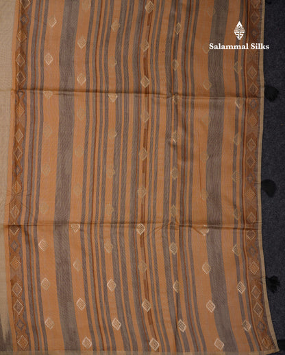 Beautiful Cream Sandal Muga Cotton Saree With Contrast Mustard Yellow Traditional Temple Border