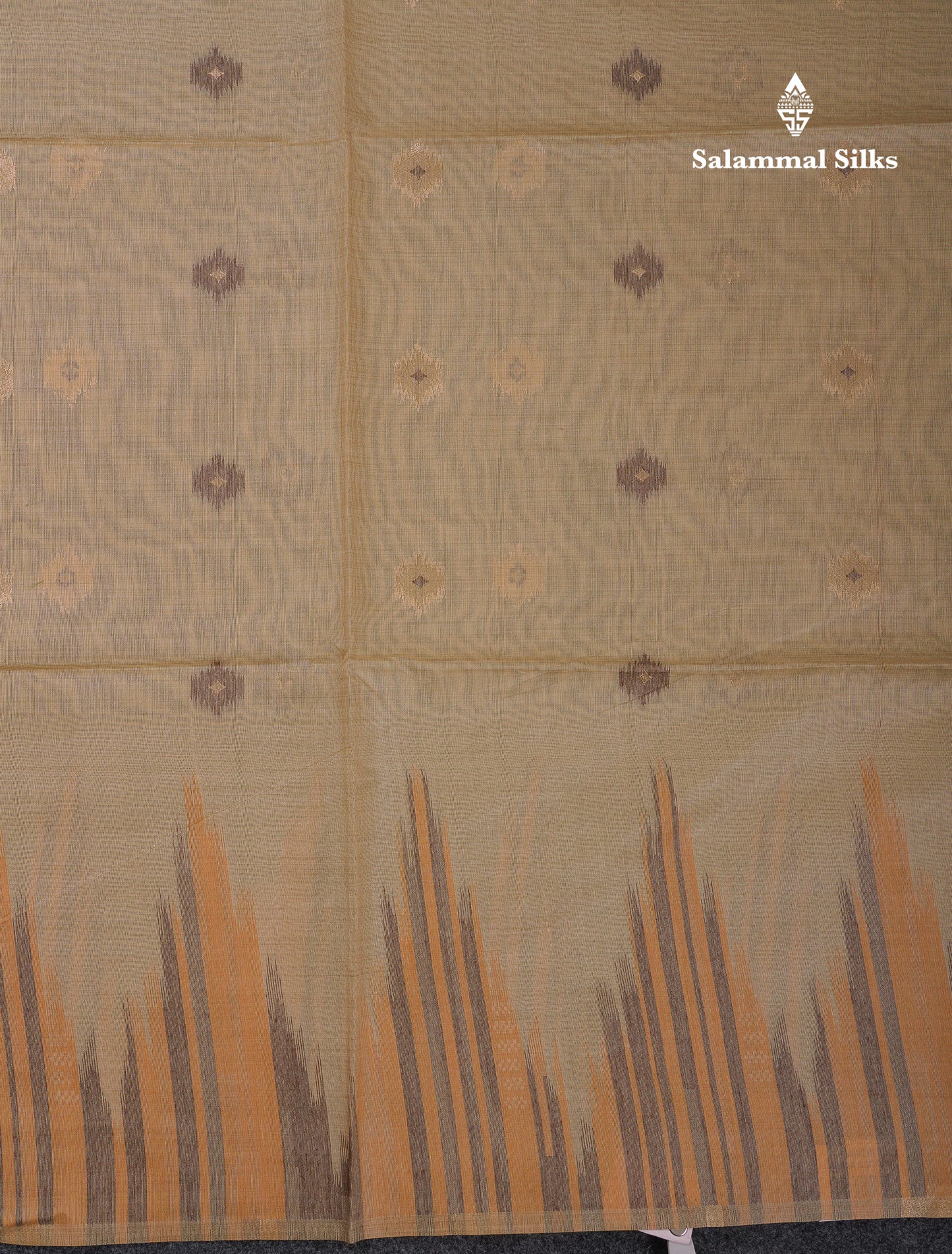 Beautiful Cream Sandal Muga Cotton Saree With Contrast Mustard Yellow Traditional Temple Border