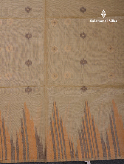 Beautiful Cream Sandal Muga Cotton Saree With Contrast Mustard Yellow Traditional Temple Border