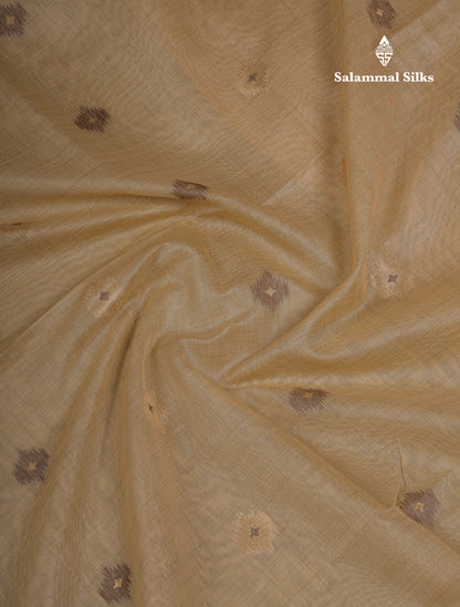 Beautiful Cream Sandal Muga Cotton Saree With Contrast Mustard Yellow Traditional Temple Border