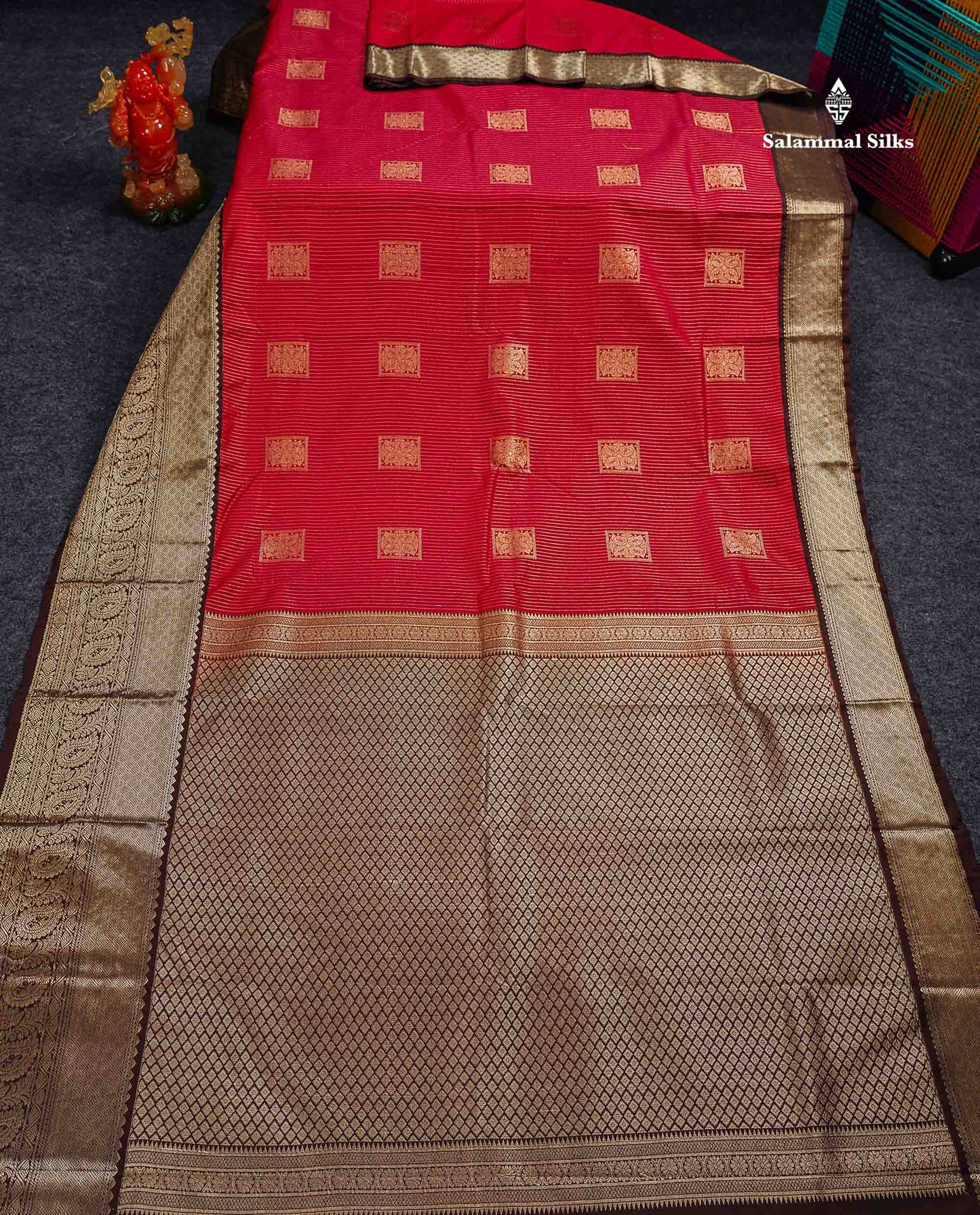 Semi Silk Saree - Dual Tone Red Zari Lines With Butta Contrast Dark Brown Traditional Evening Morning Border