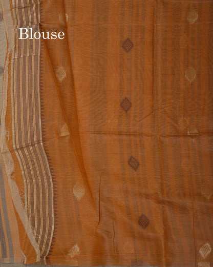 Beautiful Cream Sandal Muga Cotton Saree With Contrast Mustard Yellow Traditional Temple Border