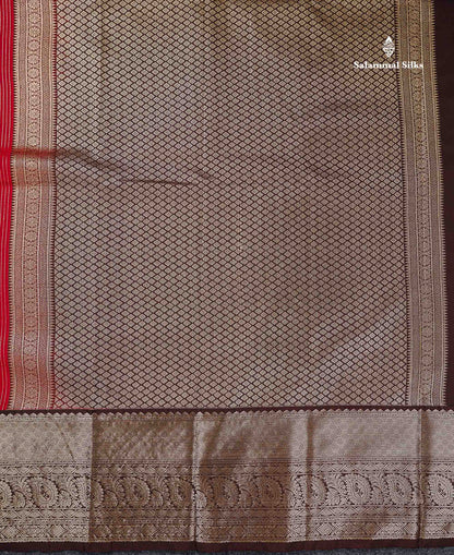 Semi Silk Saree - Dual Tone Red Zari Lines With Butta Contrast Dark Brown Traditional Evening Morning Border