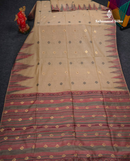 Beautiful Cream Sandal Muga Cotton Saree With Contrast Mustard Yellow Traditional Temple Border