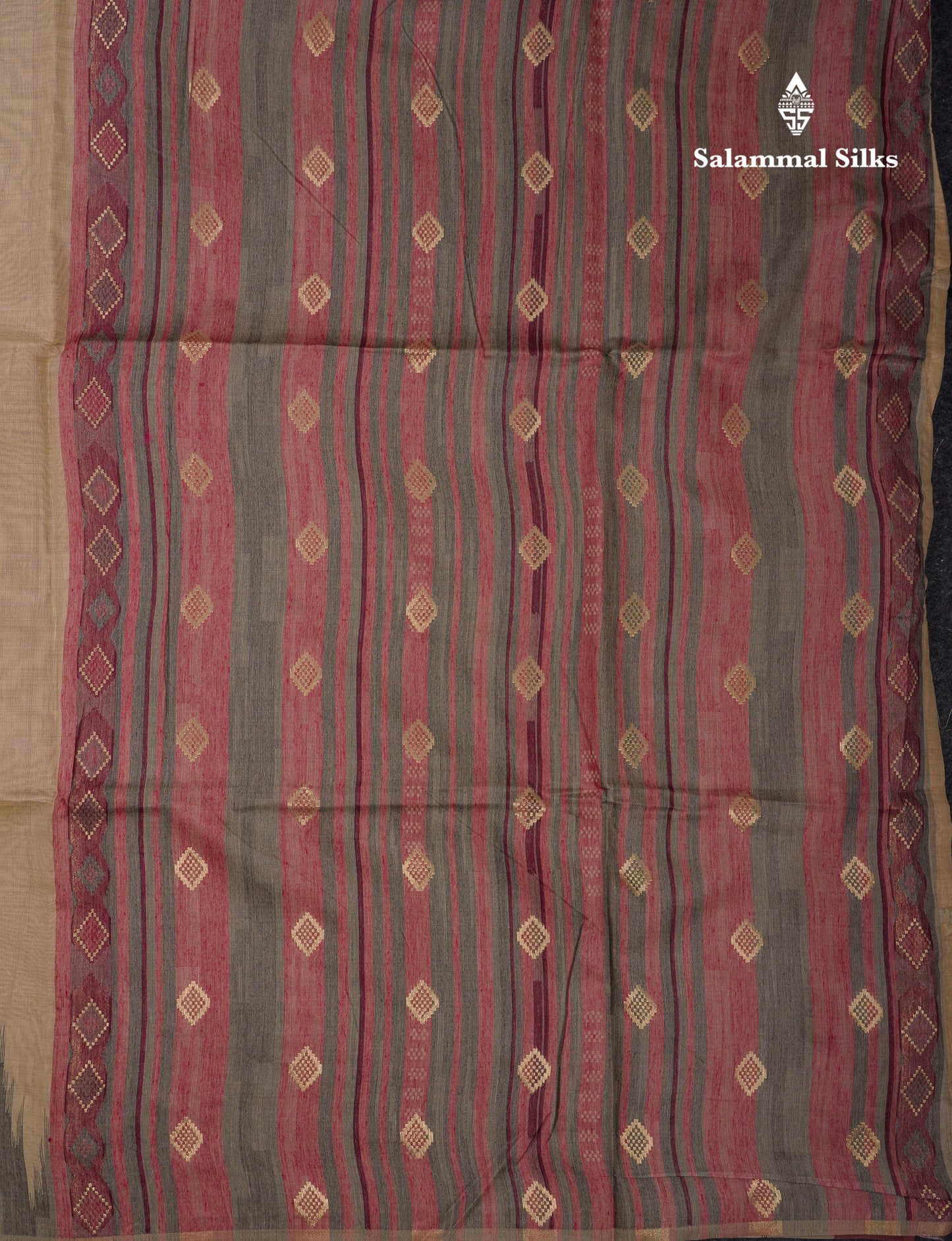 Beautiful Cream Sandal Muga Cotton Saree With Contrast Mustard Yellow Traditional Temple Border