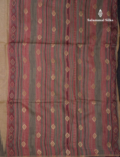 Beautiful Cream Sandal Muga Cotton Saree With Contrast Mustard Yellow Traditional Temple Border