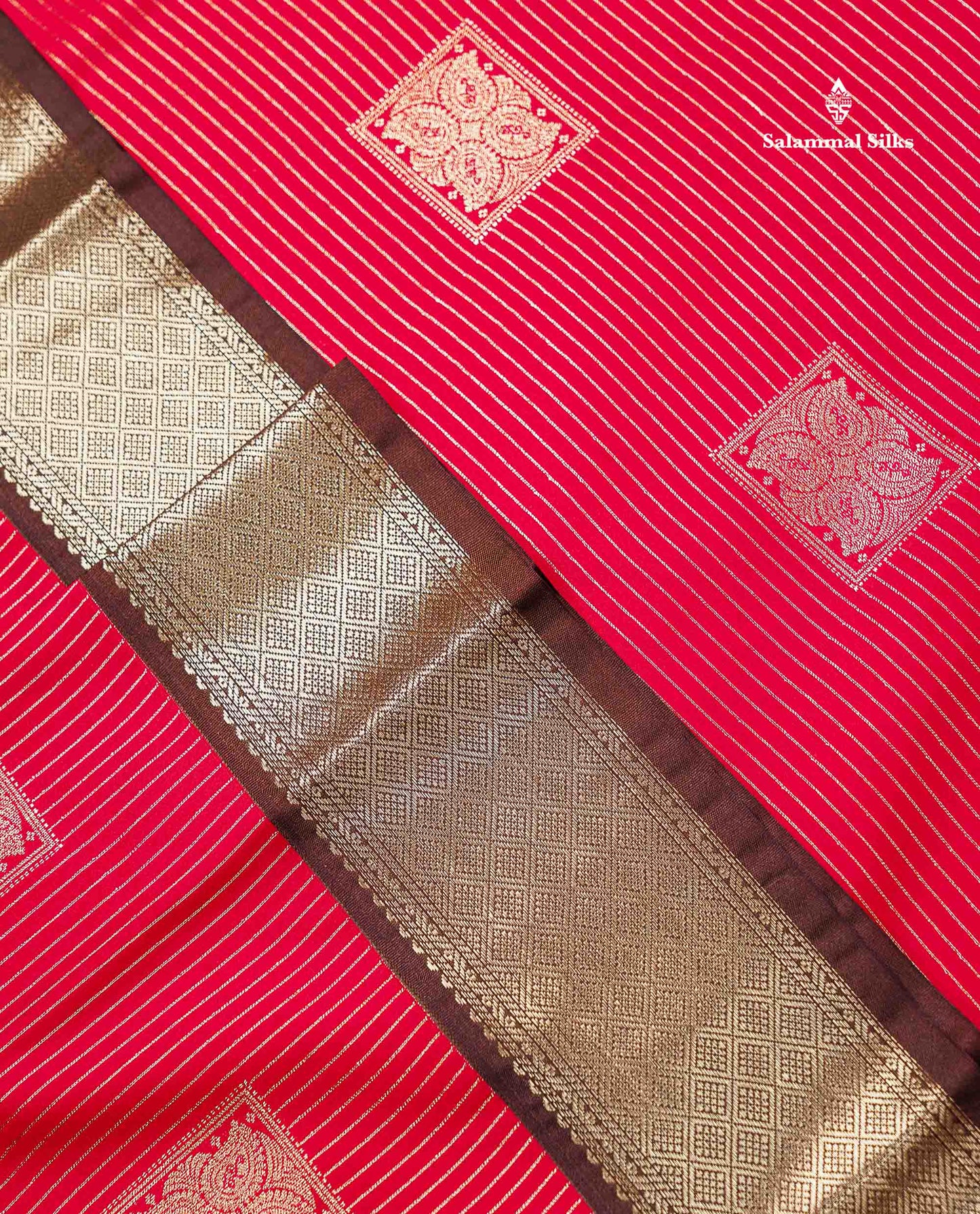 Semi Silk Saree - Dual Tone Red Zari Lines With Butta Contrast Dark Brown Traditional Evening Morning Border
