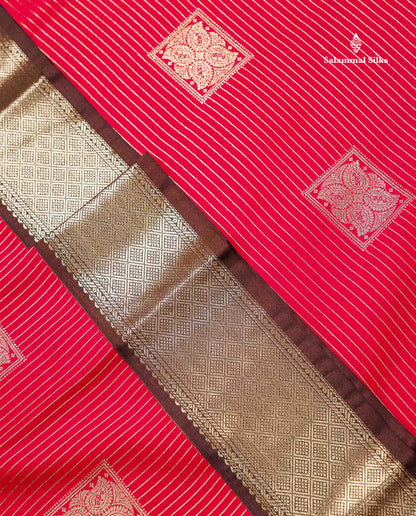Semi Silk Saree - Dual Tone Red Zari Lines With Butta Contrast Dark Brown Traditional Evening Morning Border