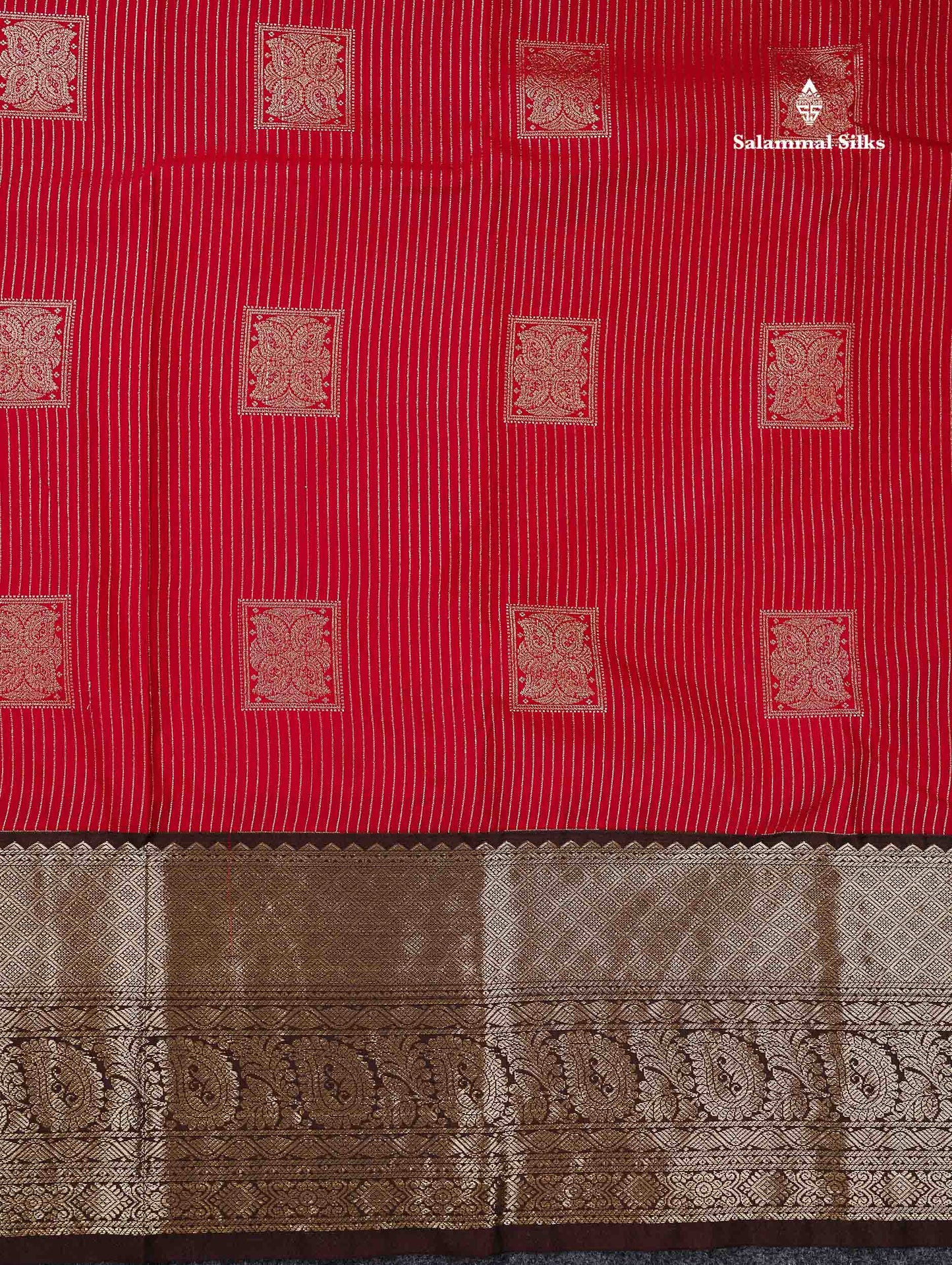 Semi Silk Saree - Dual Tone Red Zari Lines With Butta Contrast Dark Brown Traditional Evening Morning Border