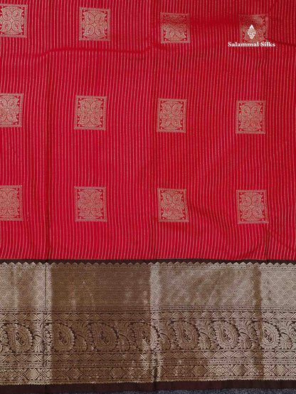 Semi Silk Saree - Dual Tone Red Zari Lines With Butta Contrast Dark Brown Traditional Evening Morning Border