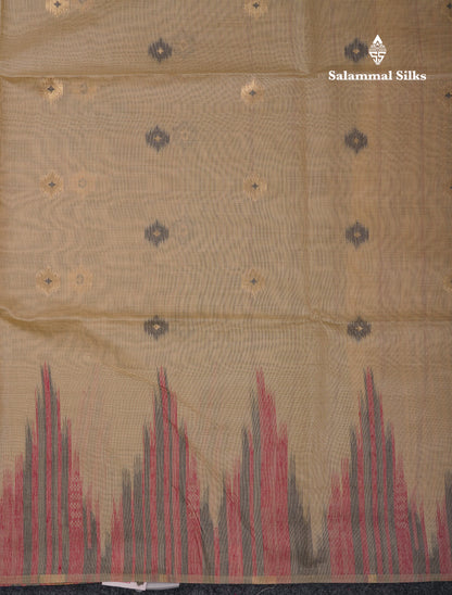 Beautiful Cream Sandal Muga Cotton Saree With Contrast Mustard Yellow Traditional Temple Border