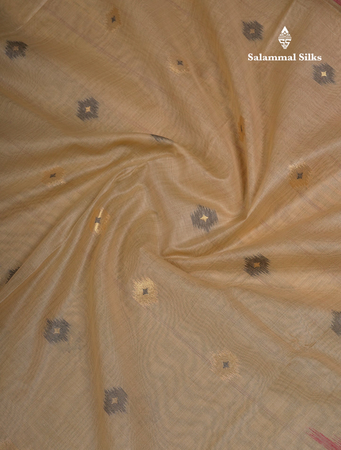 Beautiful Cream Sandal Muga Cotton Saree With Contrast Mustard Yellow Traditional Temple Border