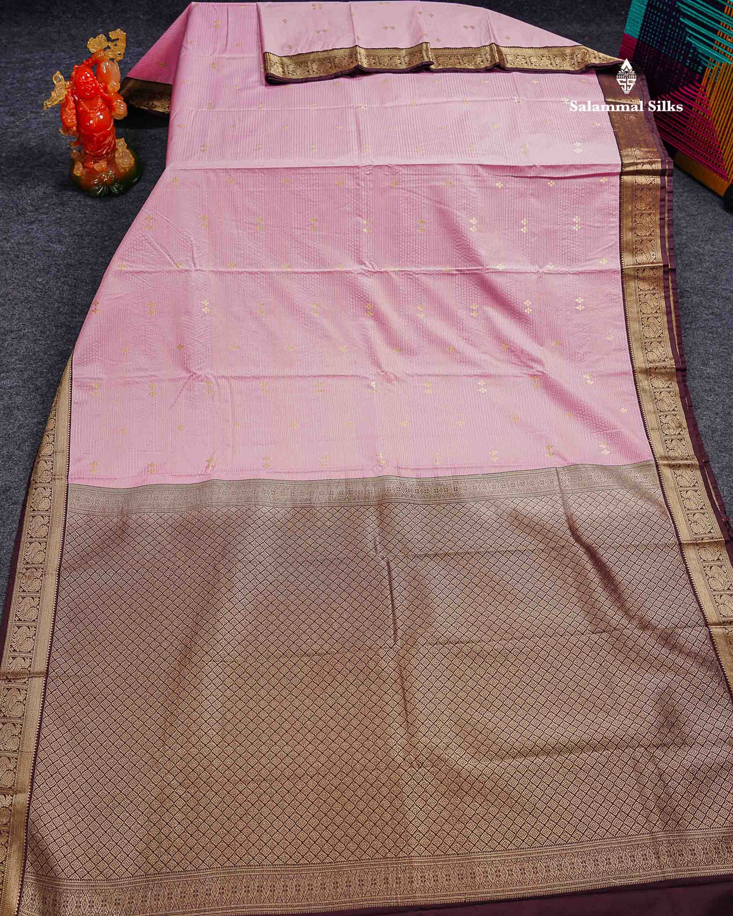 Semi Silk Saree - Light Pink Butta With Vaira Oosi Lines Along With Contrast Dark Brown Traditional Small Border