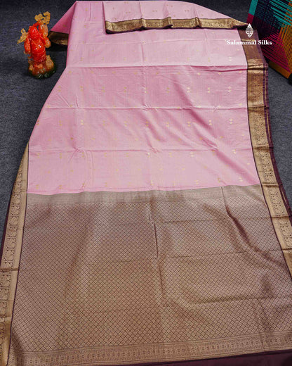 Semi Silk Saree - Light Pink Butta With Vaira Oosi Lines Along With Contrast Dark Brown Traditional Small Border