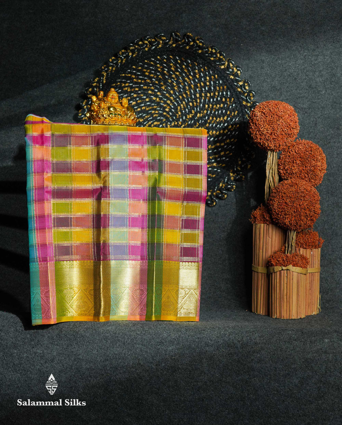 Beautiful Pure Silk Pattu Pavadai Checks (Multicolour) With Contrast Sapphire Green Blouse 18"