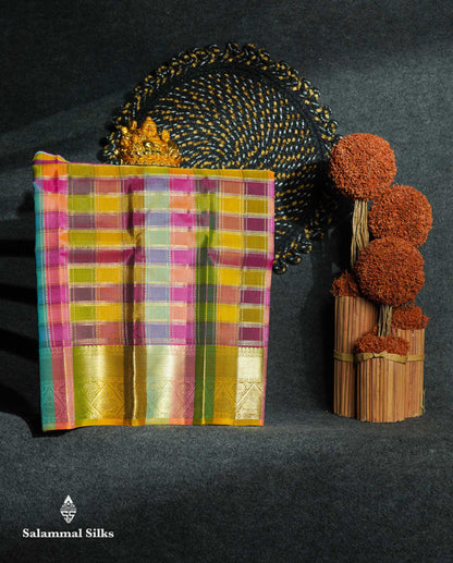 Beautiful Pure Silk Pattu Pavadai Checks (Multicolour) With Contrast Sapphire Green Blouse 18"
