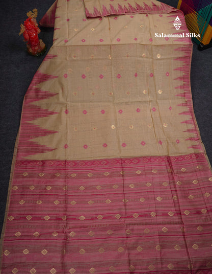 Beautiful Cream Sandal Muga Cotton Saree With Contrast Mustard Yellow Traditional Temple Border