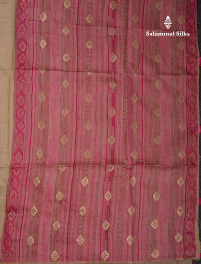 Beautiful Cream Sandal Muga Cotton Saree With Contrast Mustard Yellow Traditional Temple Border