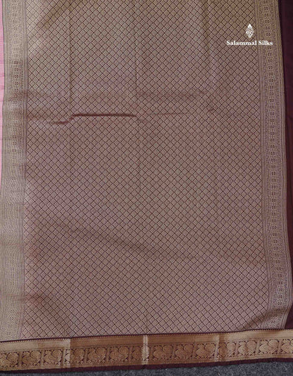 Semi Silk Saree - Light Pink Butta With Vaira Oosi Lines Along With Contrast Dark Brown Traditional Small Border