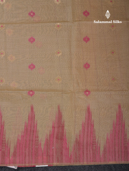 Beautiful Cream Sandal Muga Cotton Saree With Contrast Mustard Yellow Traditional Temple Border