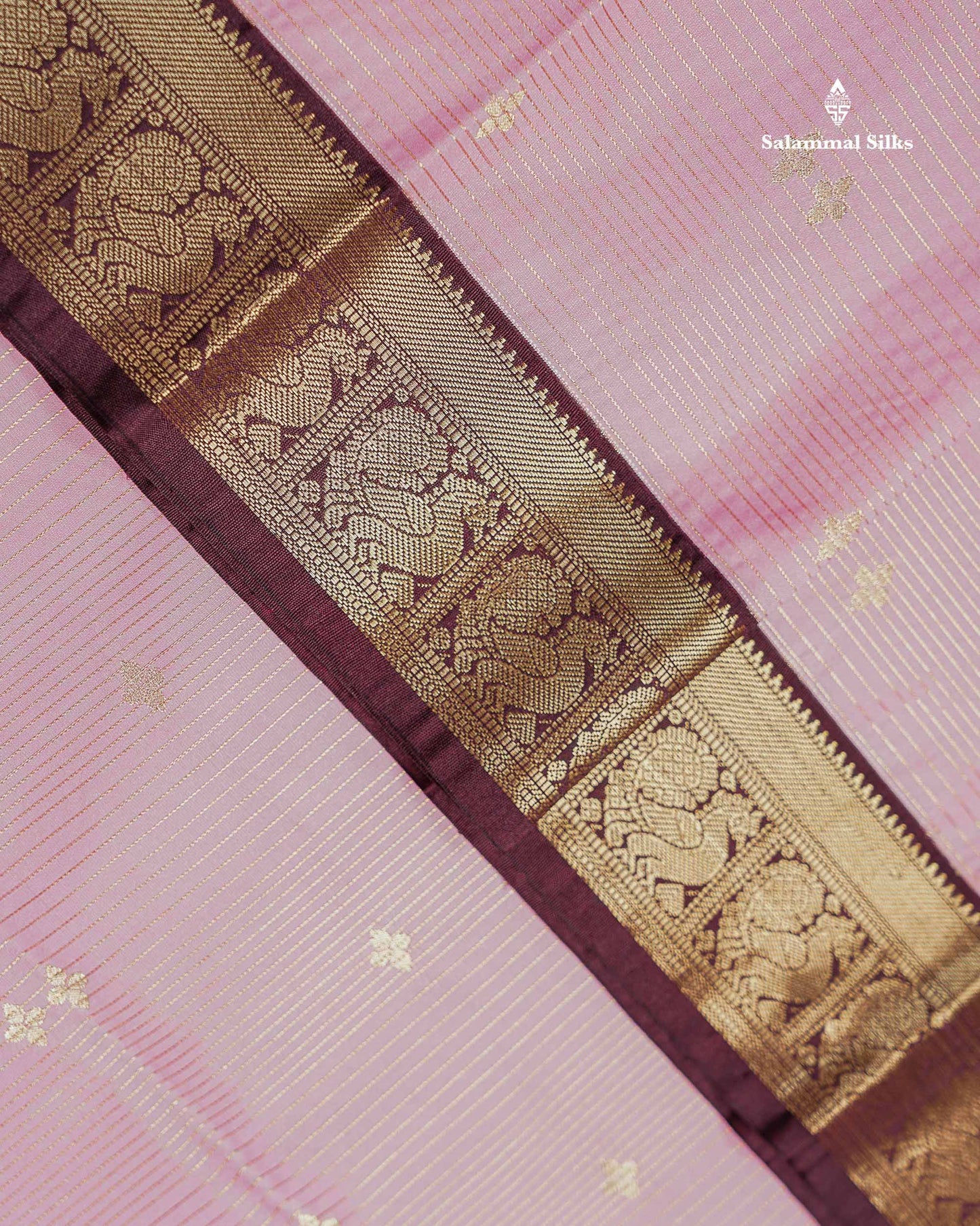 Semi Silk Saree - Light Pink Butta With Vaira Oosi Lines Along With Contrast Dark Brown Traditional Small Border