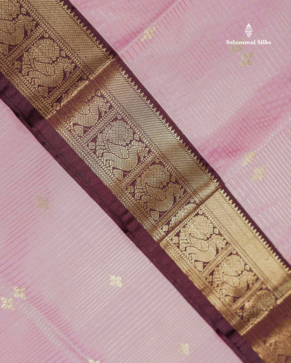 Semi Silk Saree - Light Pink Butta With Vaira Oosi Lines Along With Contrast Dark Brown Traditional Small Border