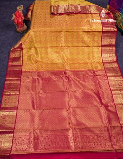 Beautiful Mustard Yellow Bridal Pure Kanjivaram Silk Saree With Contrast Reddish Maroon Traditional Border