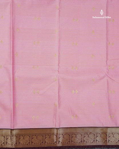 Semi Silk Saree - Light Pink Butta With Vaira Oosi Lines Along With Contrast Dark Brown Traditional Small Border
