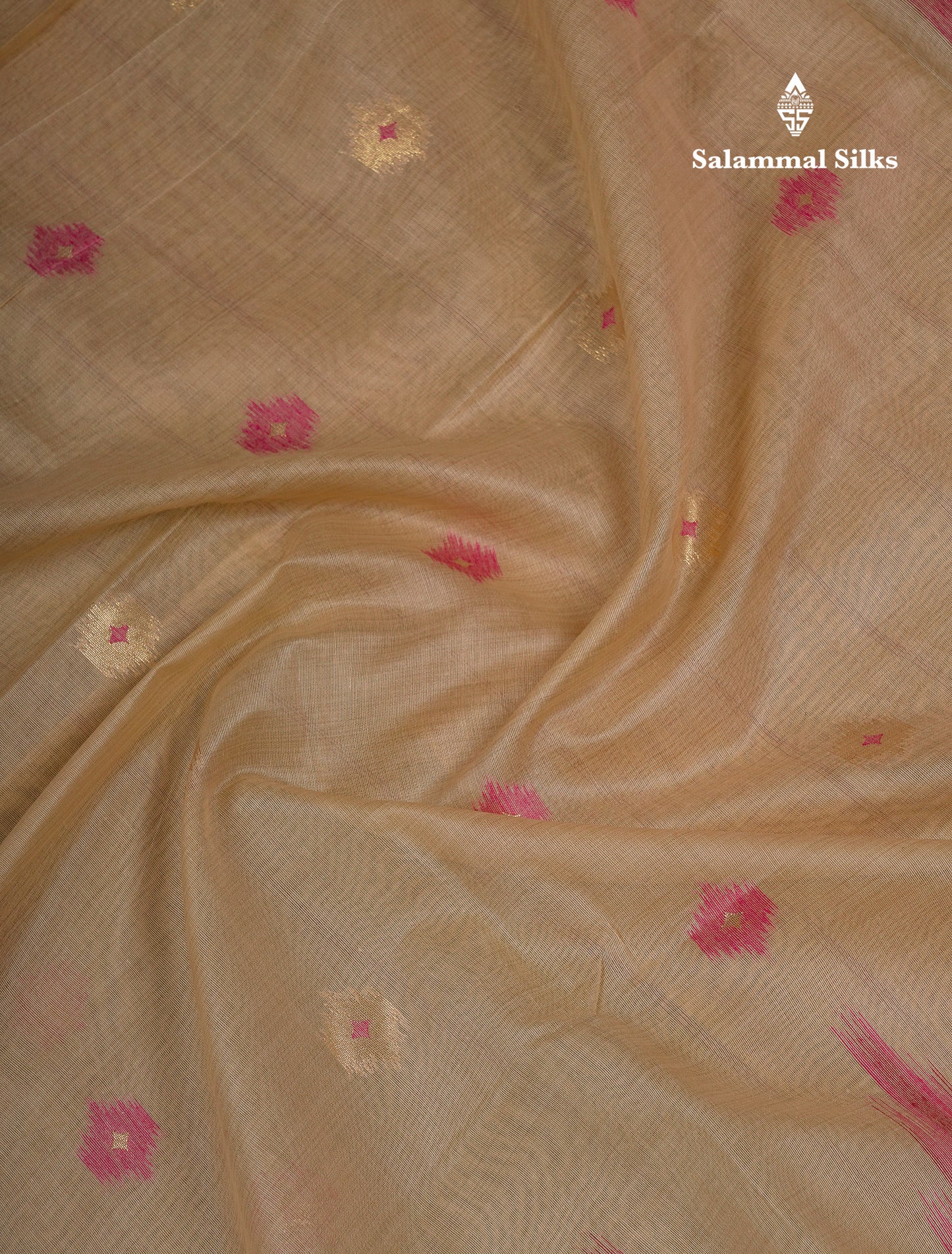 Beautiful Cream Sandal Muga Cotton Saree With Contrast Mustard Yellow Traditional Temple Border