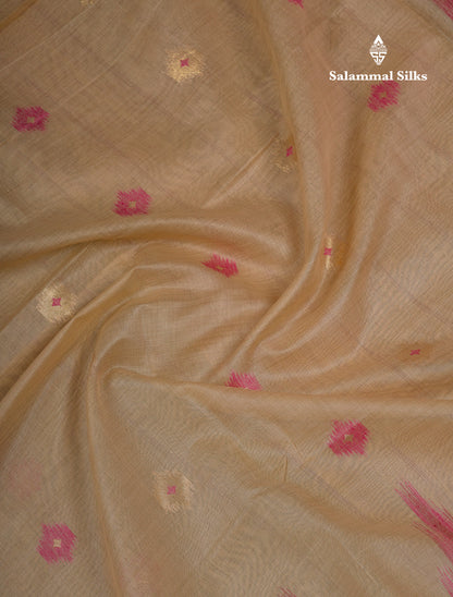 Beautiful Cream Sandal Muga Cotton Saree With Contrast Mustard Yellow Traditional Temple Border