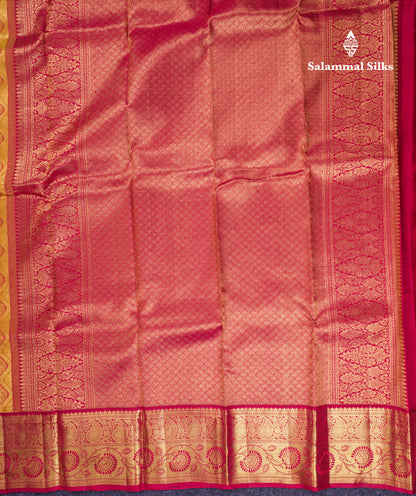 Beautiful Mustard Yellow Bridal Pure Kanjivaram Silk Saree With Contrast Reddish Maroon Traditional Border