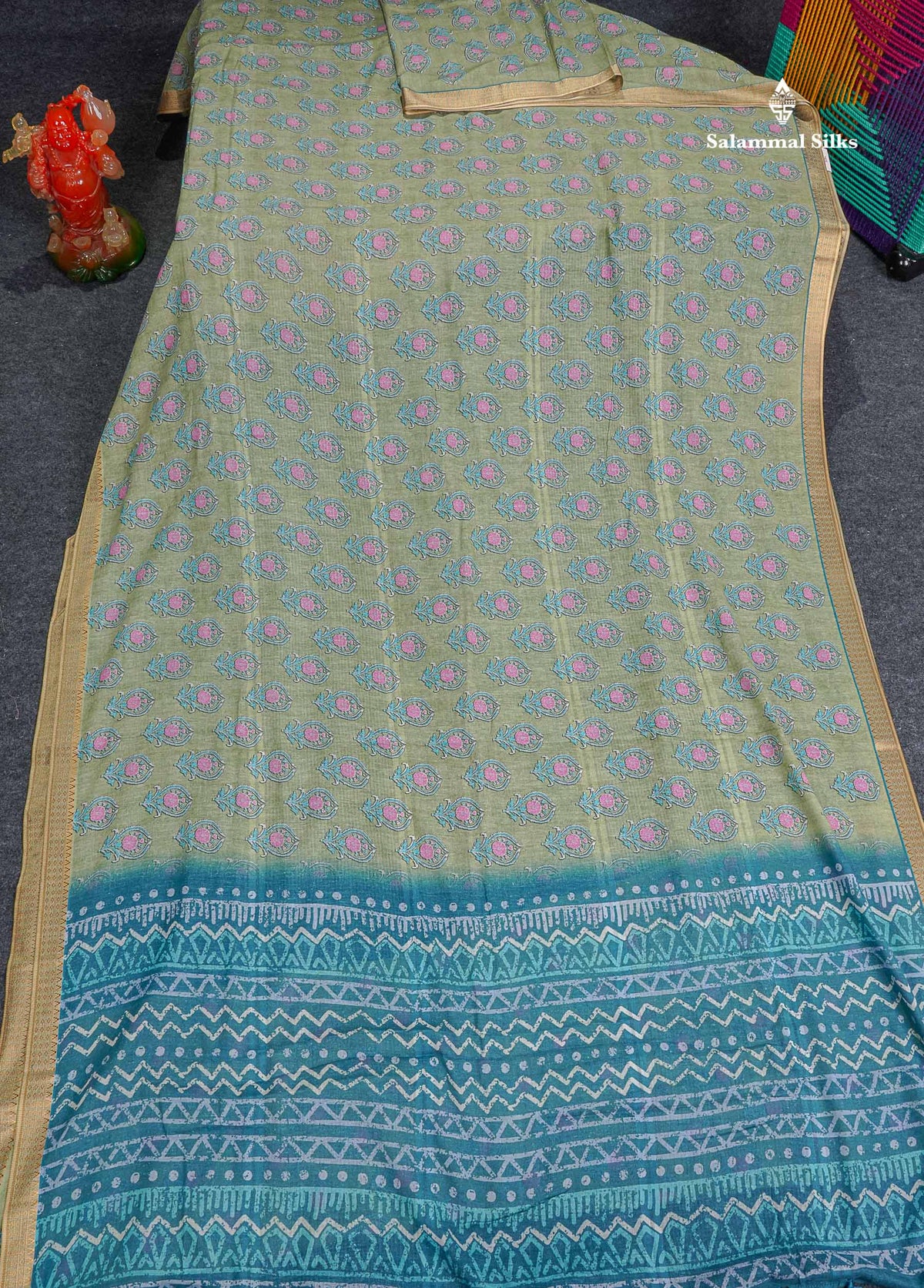 Soft Cotton Saree - Light Parrot Green Body Printed With Small Fancy Border