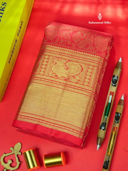 Chilly Red Pure Kanjivaram Silk Saree Pure zari (3G) with Traditional Gold Zari Border