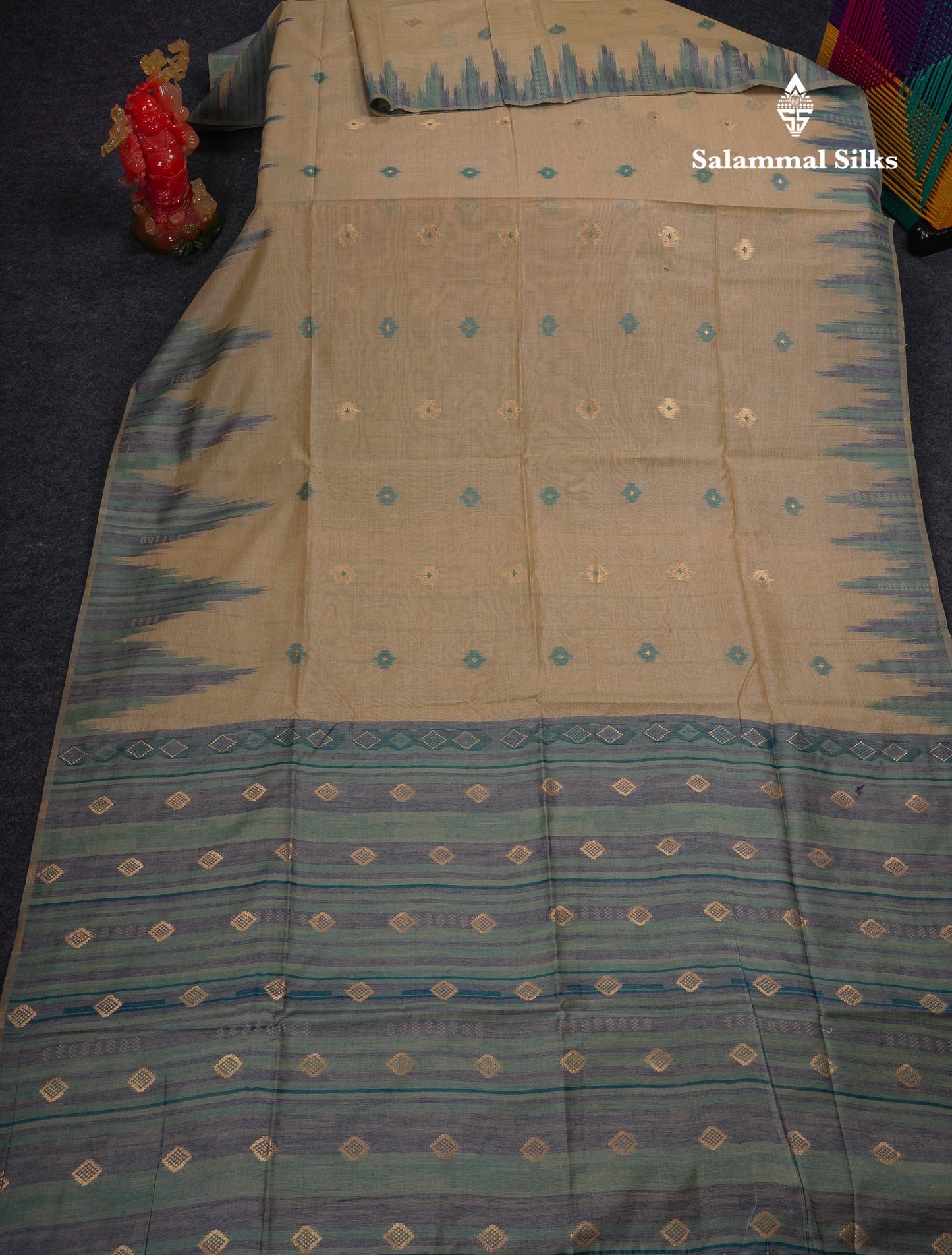 Beautiful Cream Sandal Muga Cotton Saree With Contrast Mustard Yellow Traditional Temple Border