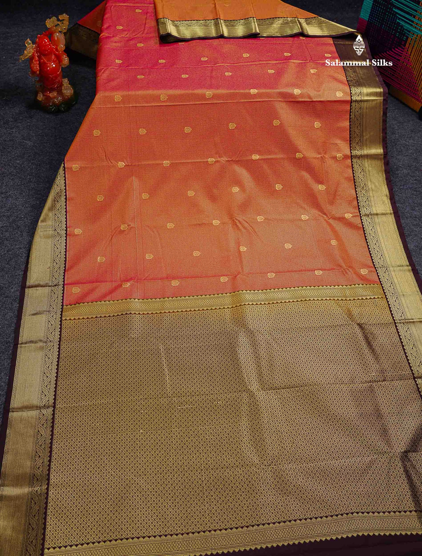 Semi Silk Saree - Orange Butta With Tiny Vaira Oosi Checks Along With Contrast Dark Brown Border