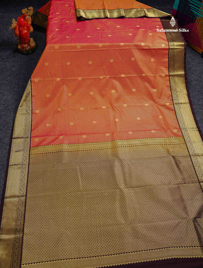 Semi Silk Saree - Orange Butta With Tiny Vaira Oosi Checks Along With Contrast Dark Brown Border