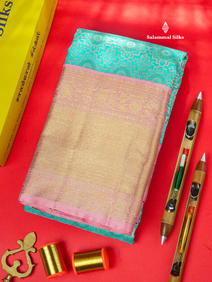 Sky Blue Pure Kanjivaram Silk Saree 3G Zari with Contrast Baby Pink Border