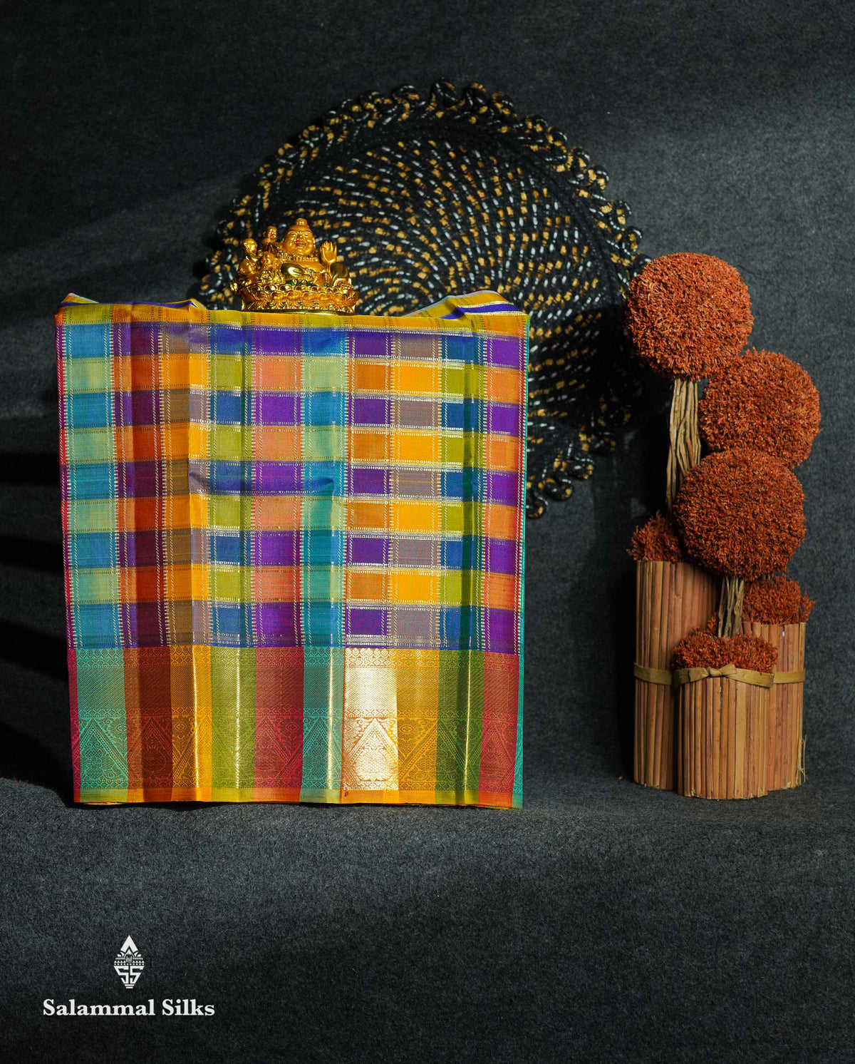 Beautiful Pure Silk Pattu Pavadai Checks (Multicolour) With Contrast Golden Yellow Blouse 18"