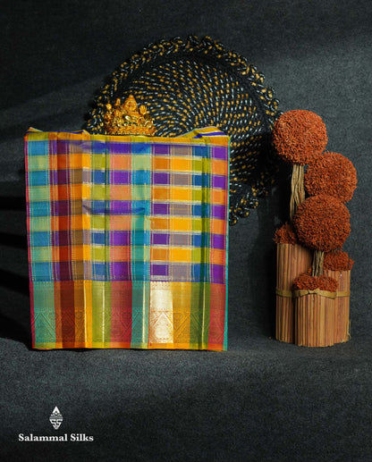 Beautiful Pure Silk Pattu Pavadai Checks (Multicolour) With Contrast Golden Yellow Blouse 18"