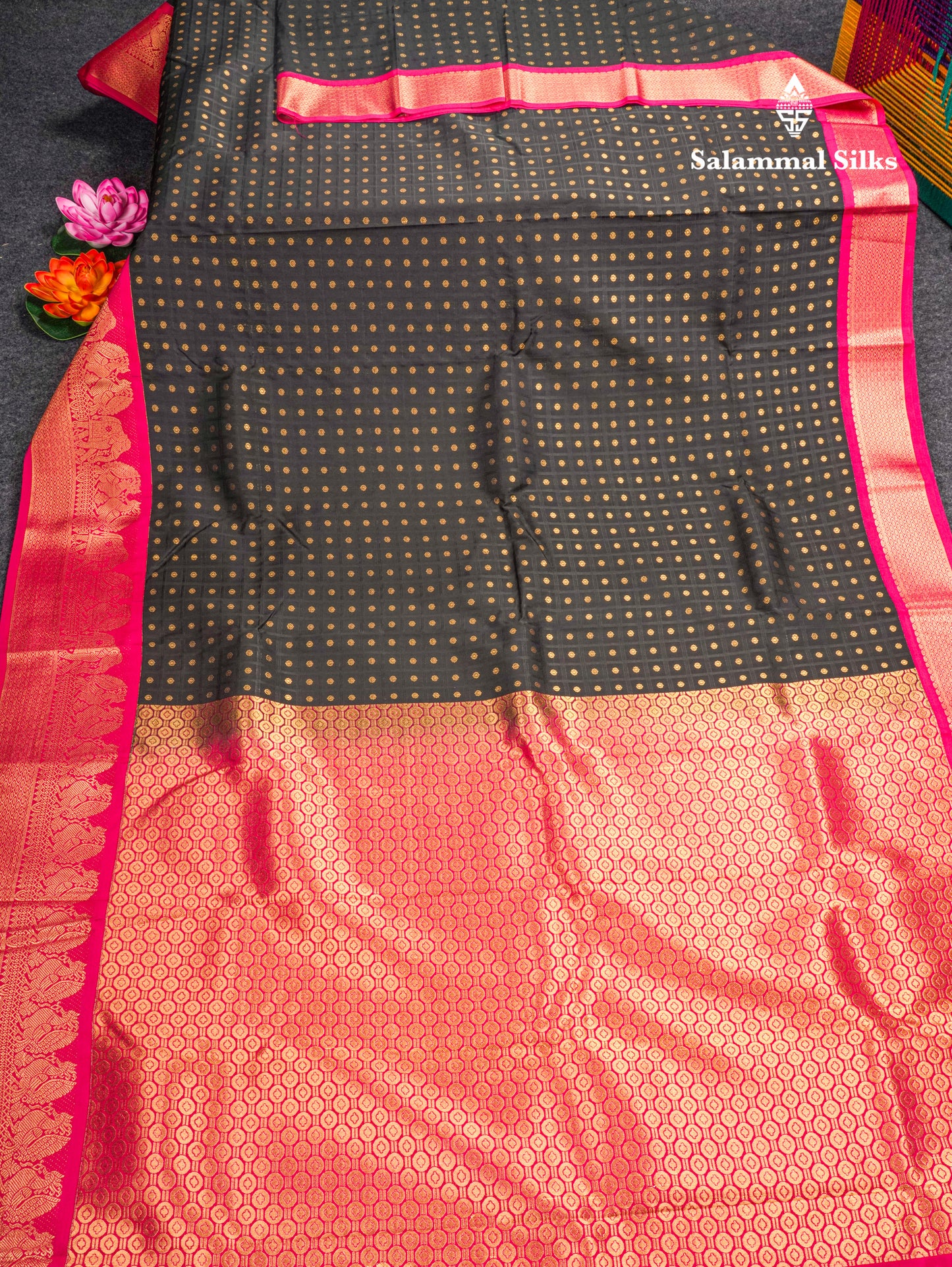 1000 Buttas Black Checks Semi Silk Saree With Contrast Pink Traditional Border