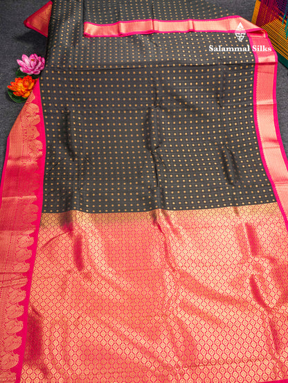 1000 Buttas Black Checks Semi Silk Saree With Contrast Pink Traditional Border