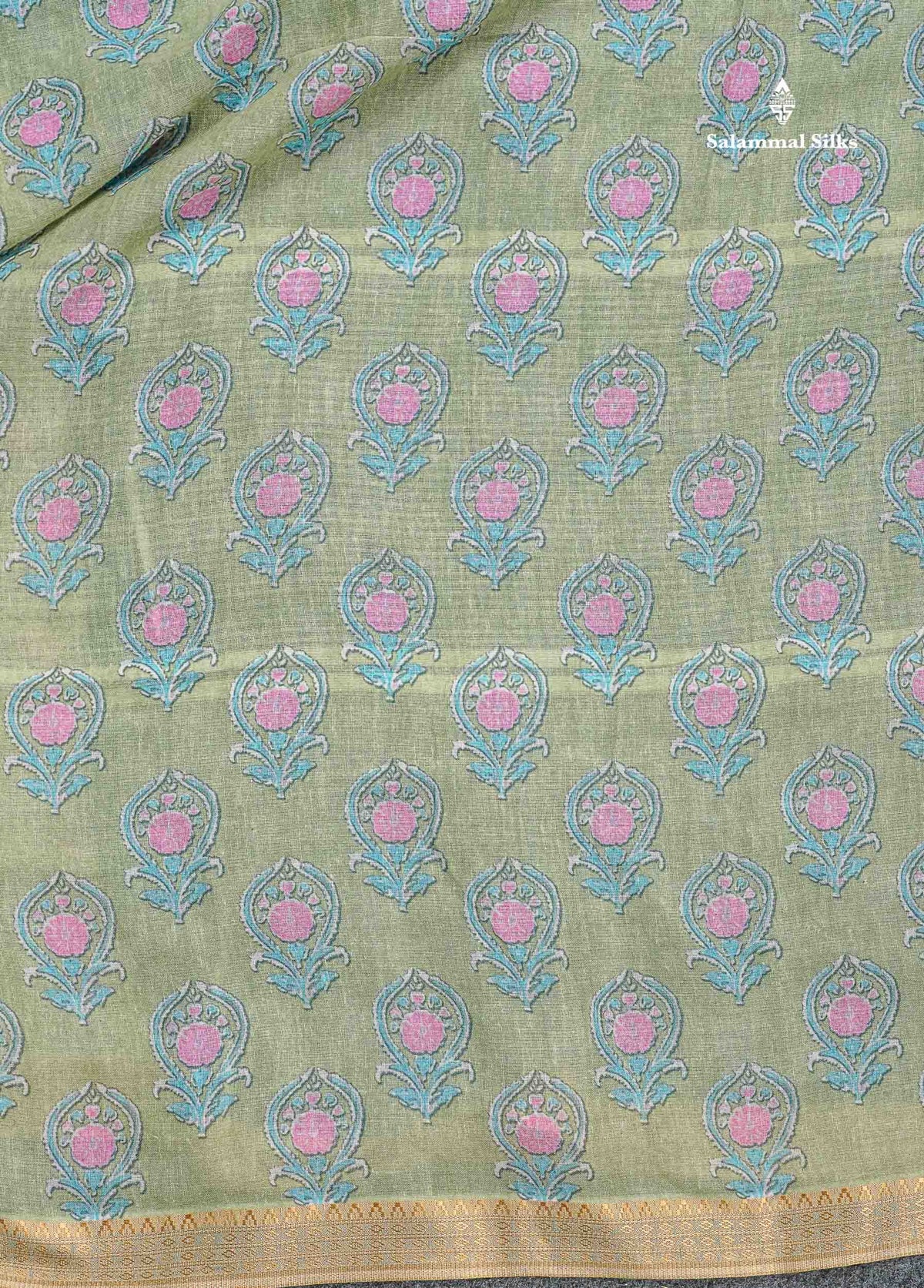 Soft Cotton Saree - Light Parrot Green Body Printed With Small Fancy Border