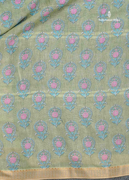 Soft Cotton Saree - Light Parrot Green Body Printed With Small Fancy Border