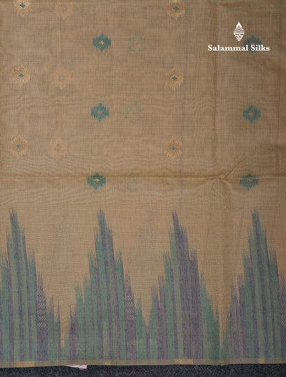 Beautiful Cream Sandal Muga Cotton Saree With Contrast Mustard Yellow Traditional Temple Border